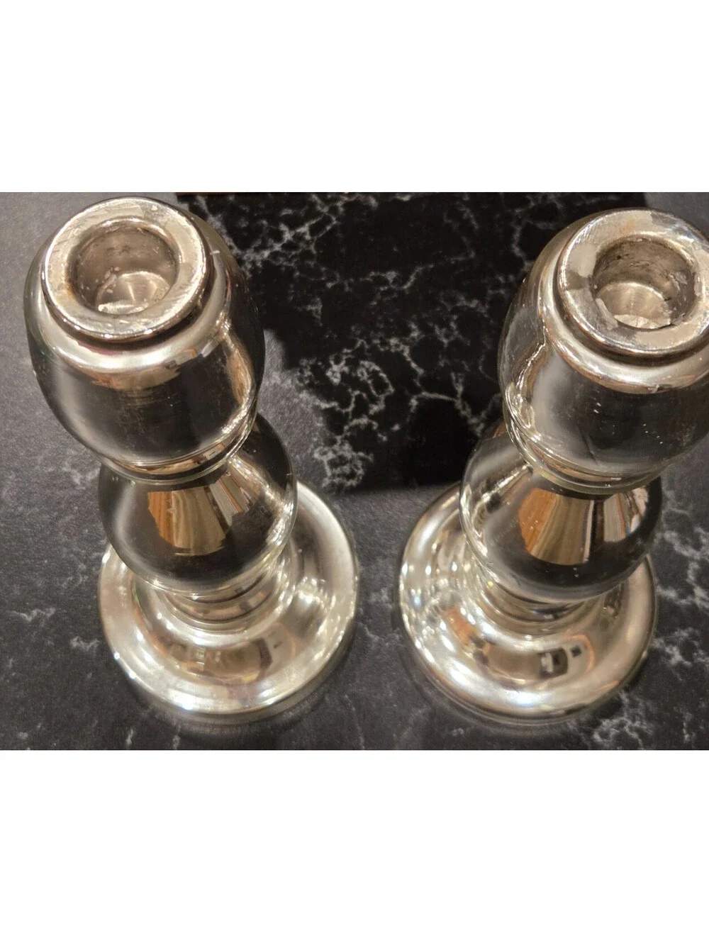 PAIR Mercury Glass Candlesticks Silvered Turned Column Victorian Style Vintage
